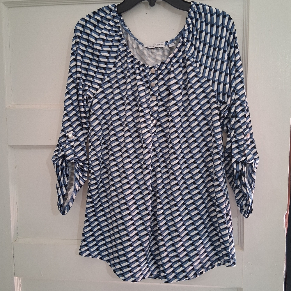 Notations Blue and White Geometric Blouse
